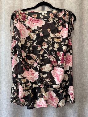 Quintessential Floral Pink & Black Sleeveless Peplum Top large
